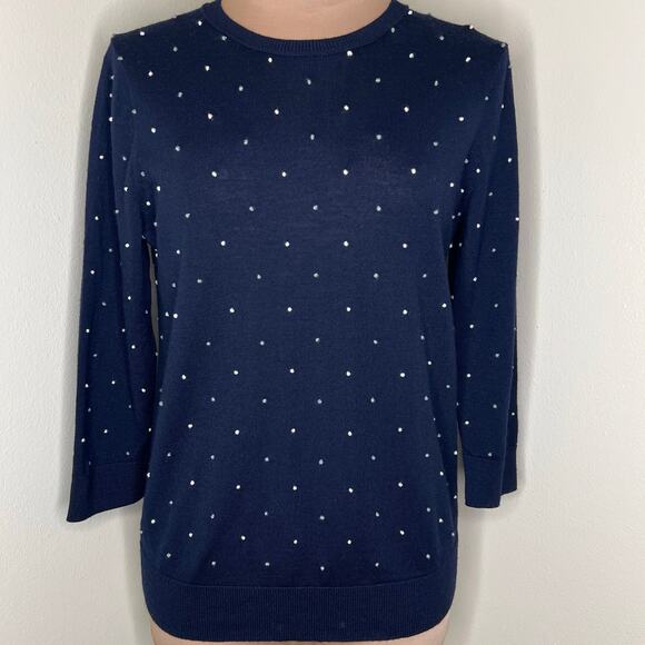 J.Crew Wool Sweater Medium Womens Navy Blue Embroidered Polka Dot Knit Keyhole - Picture 1 of 9